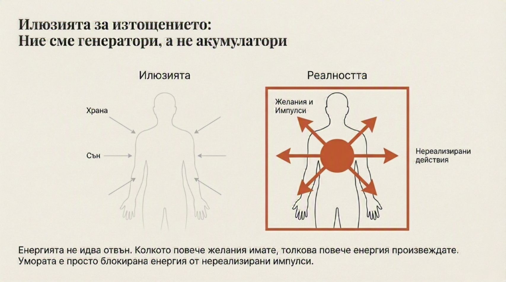 Илюстрация за енергията и съня: човешка фигура с вътрешен оранжев генератор, противопоставяща илюзията за изтощение на личната енергия и желание. Илюстрация за енергията и съня: човешка фигура с вътрешен оранжев генератор, противопоставяща илюзията за изтощение на личната енергия и желание.