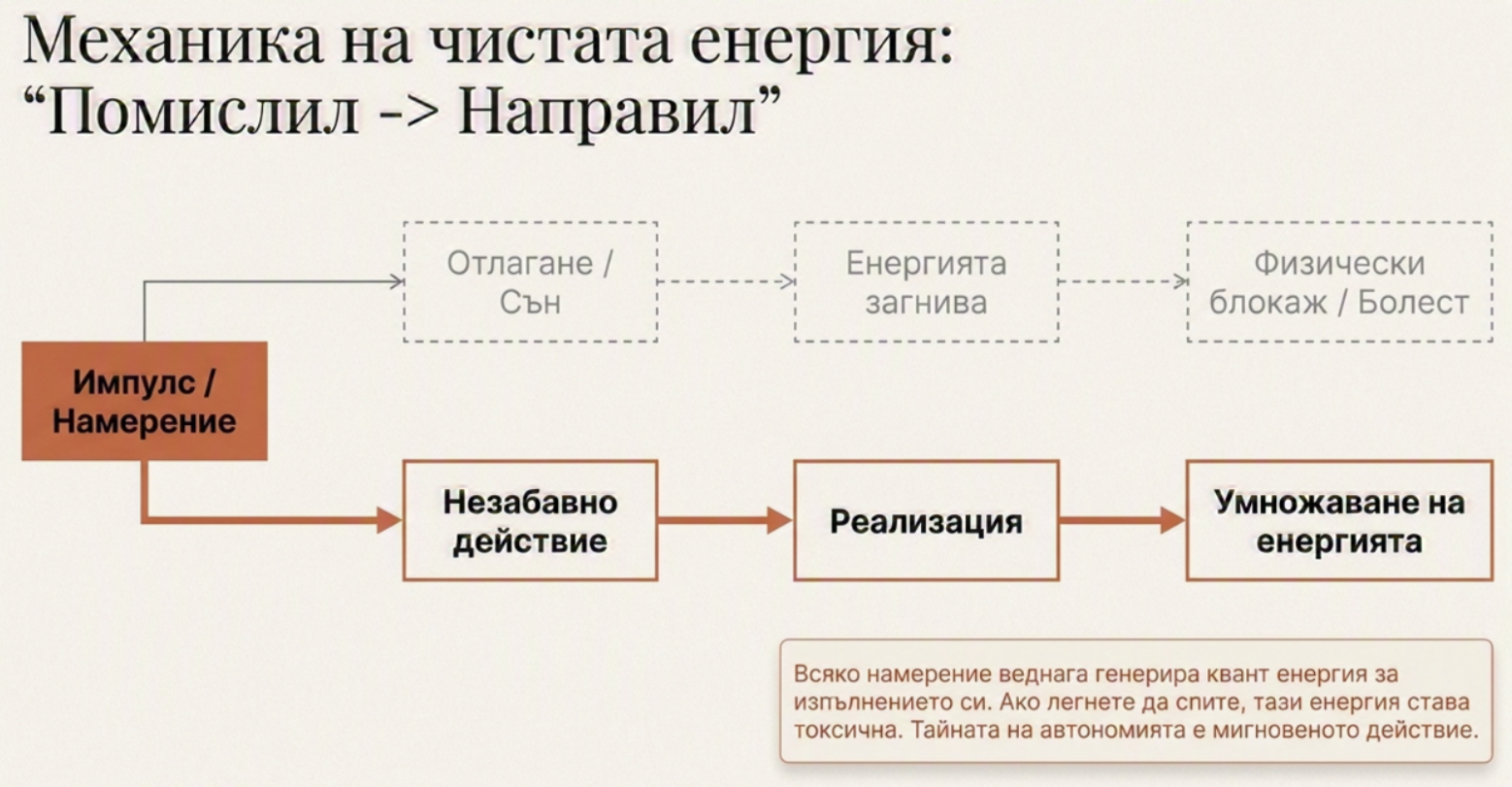 Диаграма на принципа „Помислил – направил“, показваща как импулсът и намерението преминават в незабавно действие, реализация и умножаване на енергията. Диаграма на принципа „Помислил – направил“, показваща как импулсът и намерението преминават в незабавно действие, реализация и умножаване на енергията.