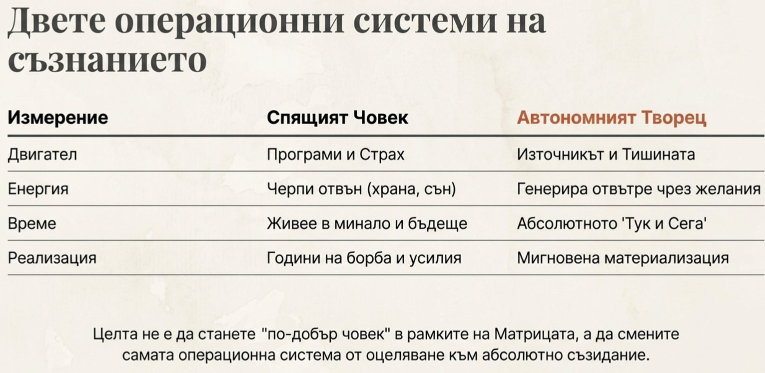 Сравнителна таблица между реактивния спящ човек и автономния творец, разглеждаща двигател, енергия, време и способност за реализация. Сравнителна таблица между реактивния спящ човек и автономния творец, разглеждаща двигател, енергия, време и способност за реализация.