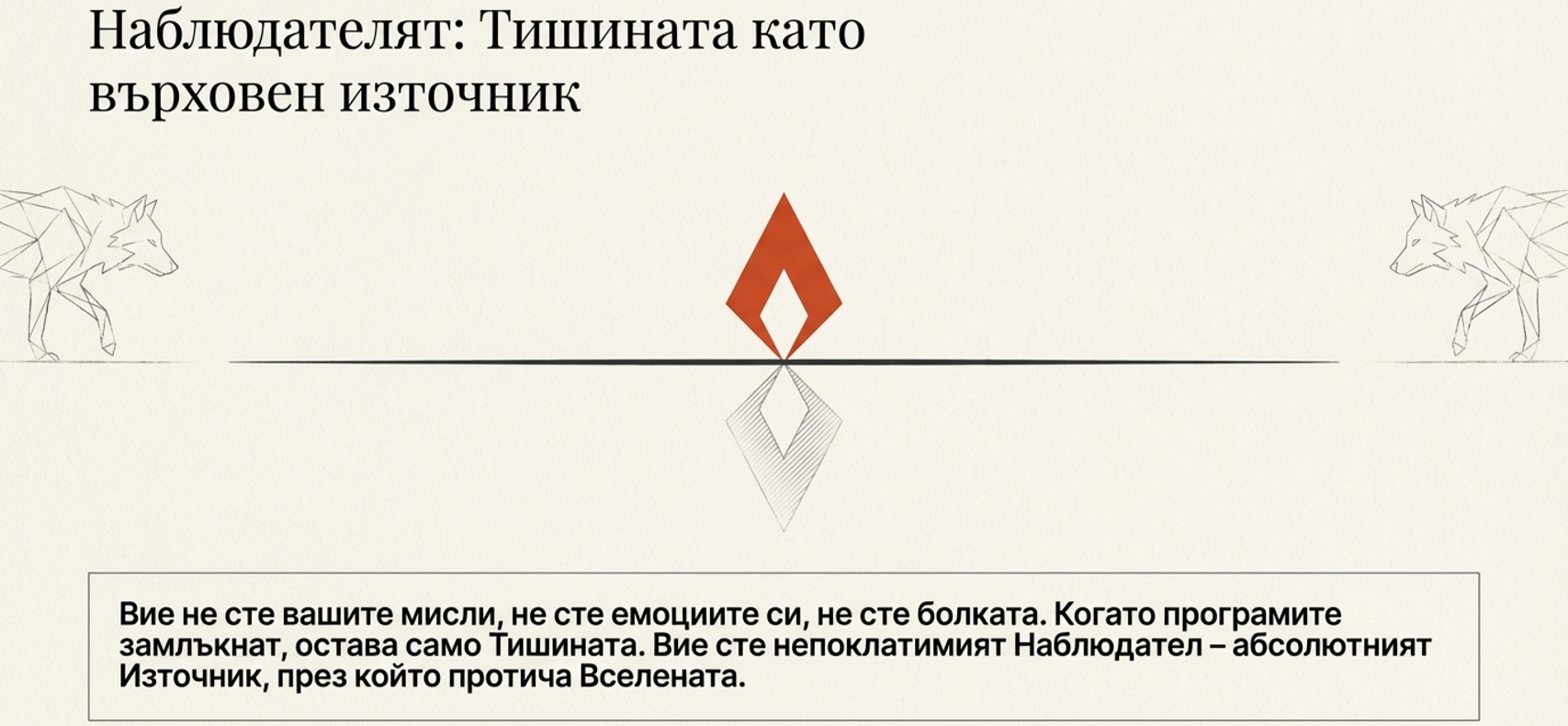 Минималистична илюстрация на пламък и отражение, символизираща наблюдателя, тишината, вътрешното присъствие и осъзнатото внимание. Минималистична илюстрация на пламък и отражение, символизираща наблюдателя, тишината, вътрешното присъствие и осъзнатото внимание.