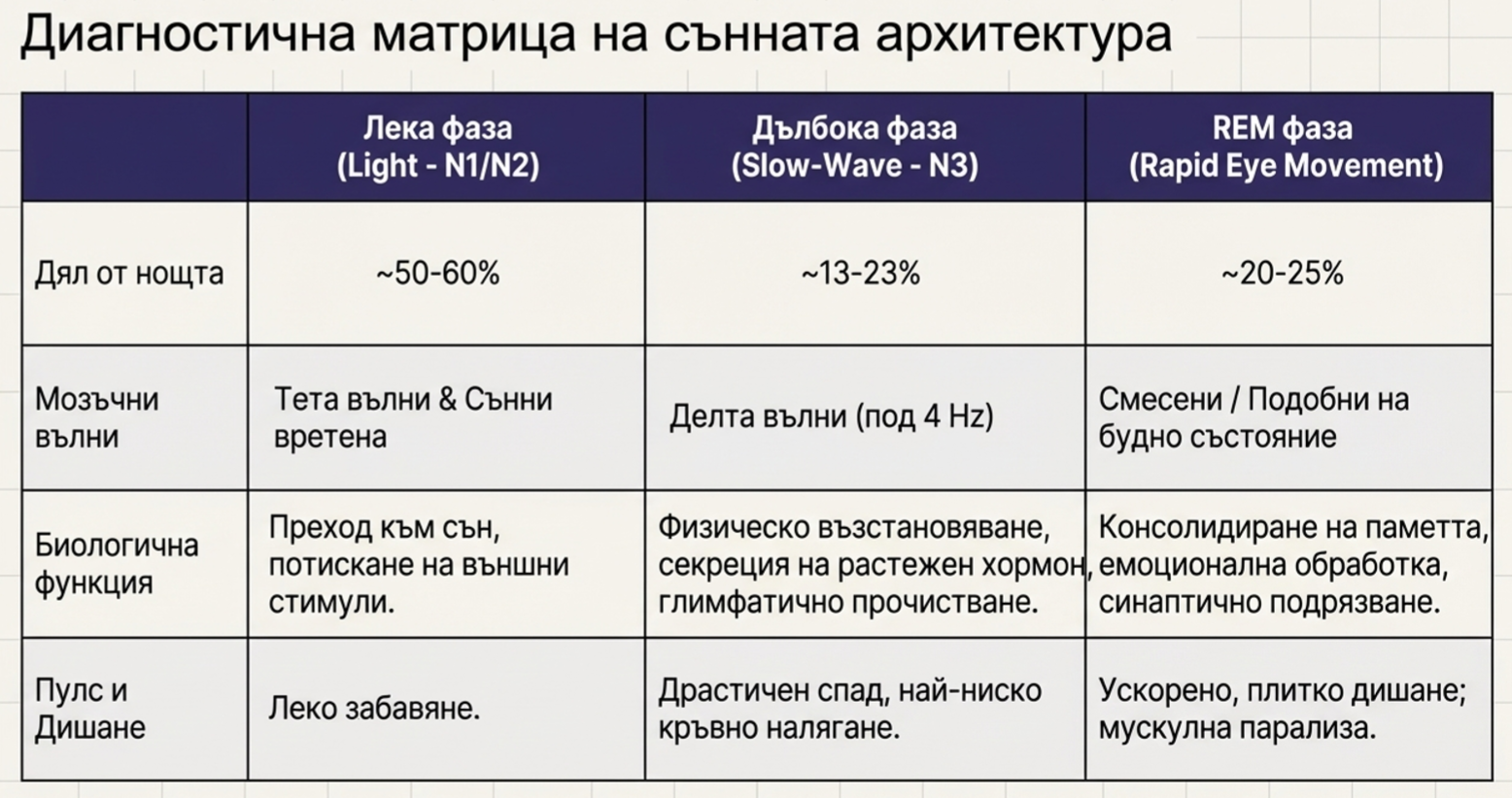 Диагностична матрица на сънната архитектура с лек сън N1 и N2, дълбок сън N3 и REM сън, мозъчни вълни и биологични функции.