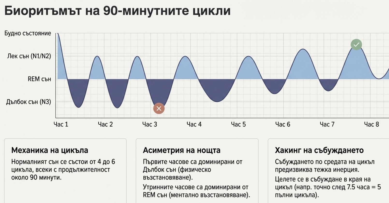 Графика на 90-минутните цикли на съня, показваща редуването между лек, дълбок и REM сън през осемчасова нощ.