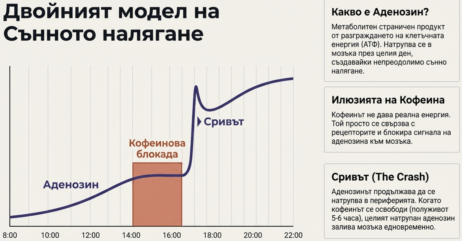 Диаграма на двойния модел на сънното налягане, показваща натрупването на аденозин, кофеиновата блокада и следобедния енергиен срив.