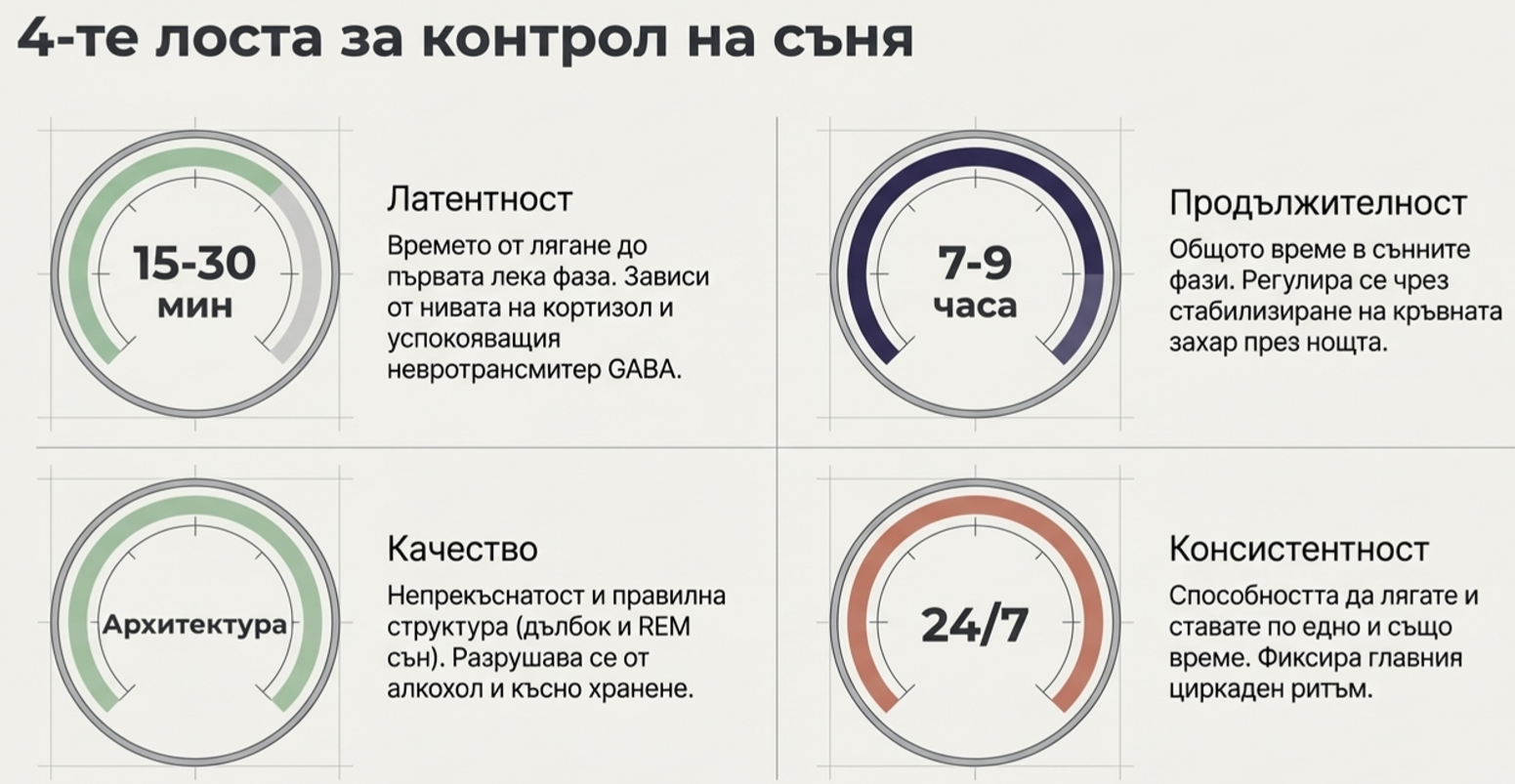Четири основни лоста за контрол на съня: латентност на заспиване, продължителност, качество на сънната архитектура и постоянен циркаден ритъм.