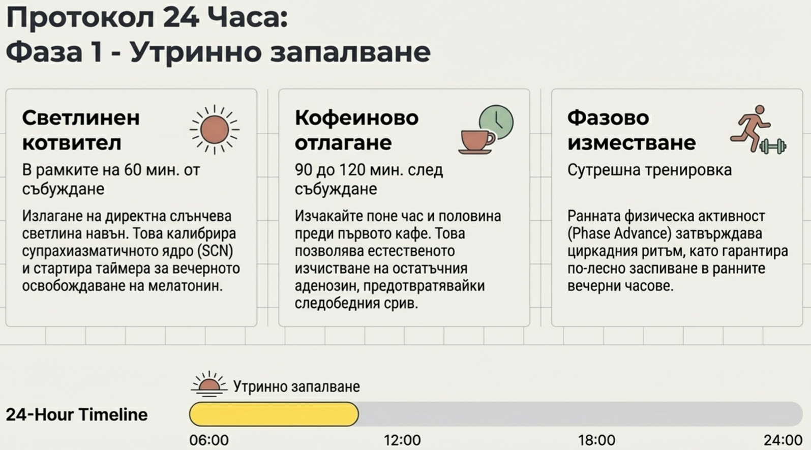 24-часов протокол за сън с утринна светлина, отлагане на кофеина и сутрешно движение за по-добро циркадно подравняване.