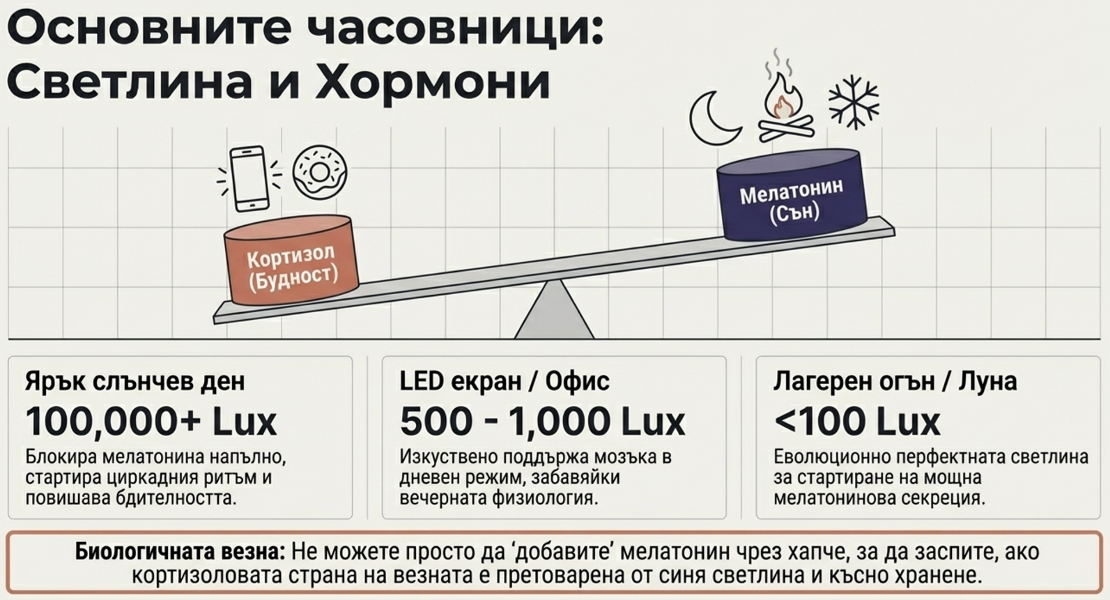 Инфографика за връзката между светлина, кортизол и мелатонин, сравняваща дневна слънчева светлина, LED екран и вечерна тъмнина. 