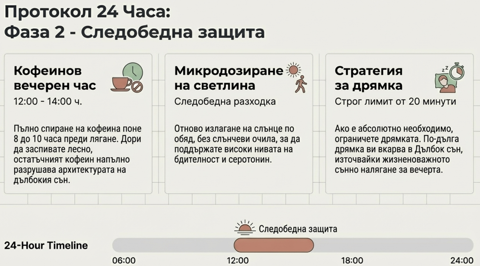 Следобеден протокол за оптимизация на съня с ограничаване на кофеина, разходка на дневна светлина и кратка дрямка до 20 минути.
