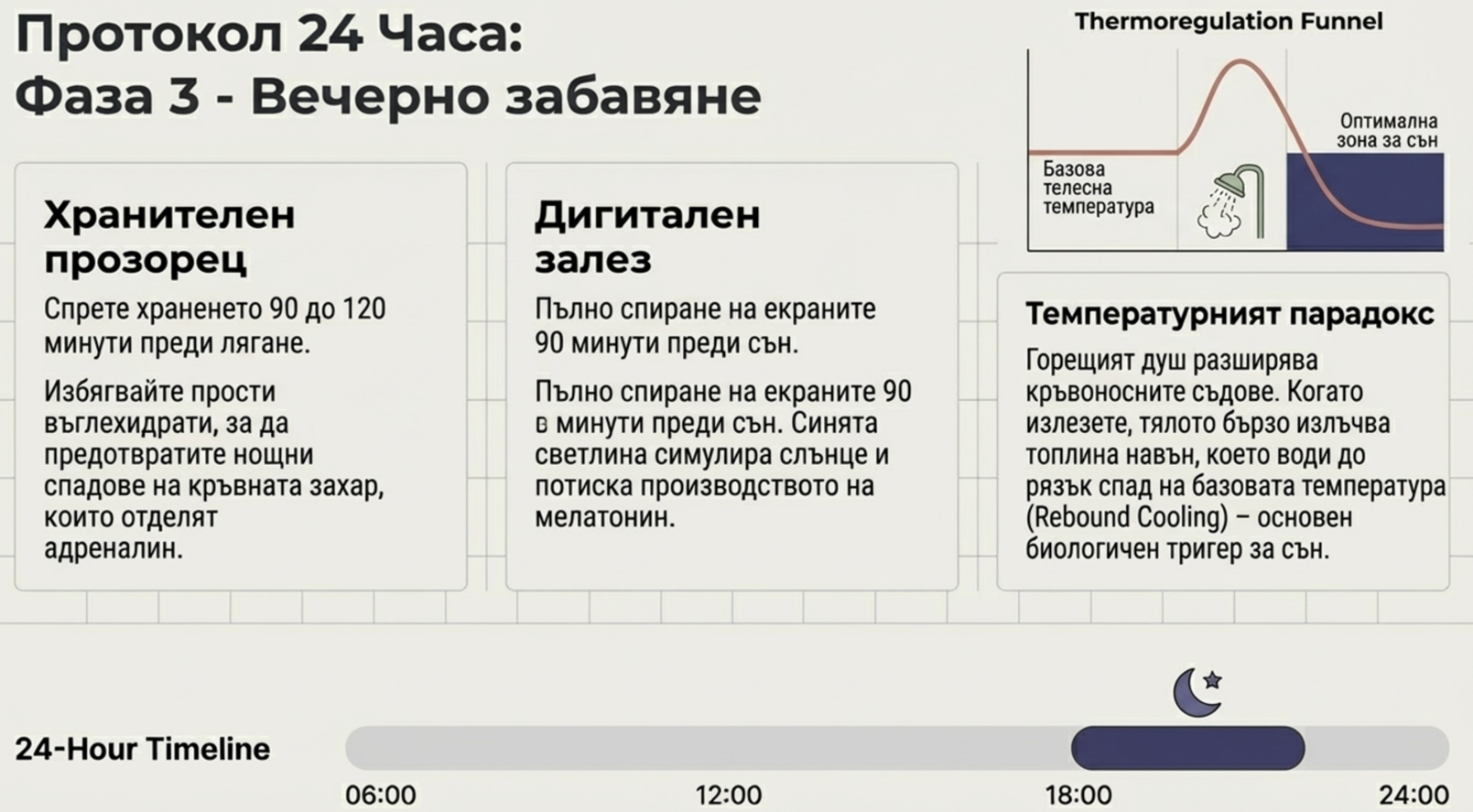 Вечерен протокол за по-добър сън с ранен хранителен прозорец, дигитален залез, топъл душ и охлаждане на тялото преди лягане.