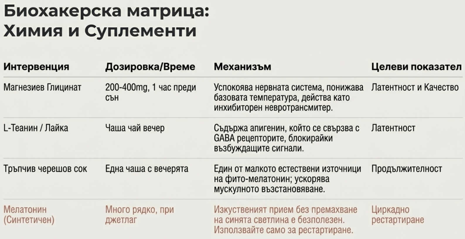 Матрица с добавки и вечерни инструменти за сън, включваща магнезиев глицинат, лайка, L-теанин, тръпчив черешов сок и мелатонин.