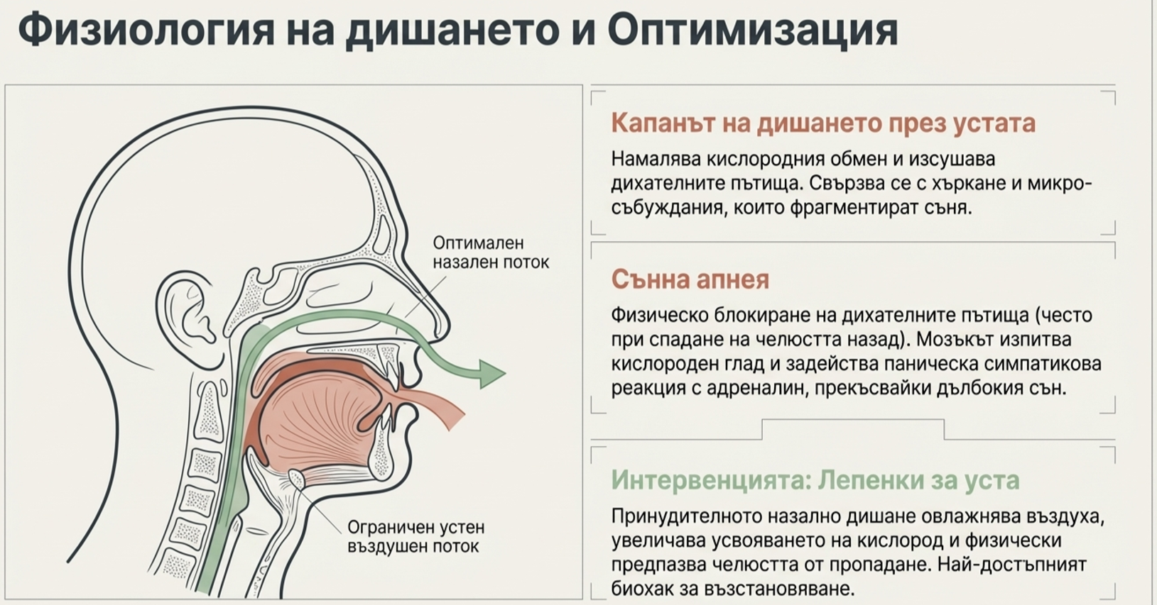 Инфографика за носно и устно дишане по време на сън, хъркане, сънна апнея и ролята на свободния назален въздушен поток.