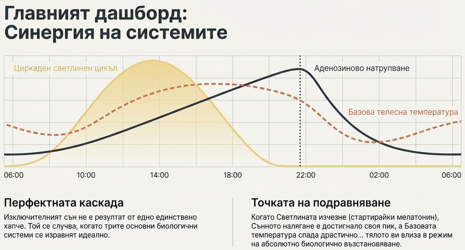 Главен биологичен dashboard, показващ синергията между циркадна светлина, аденозиново сънно налягане и спад на телесната температура вечер.