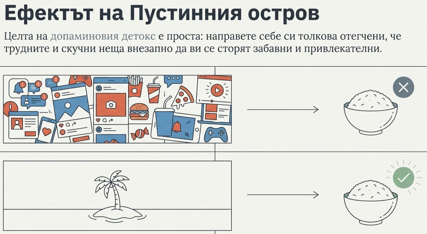 сравнение между претоварване със социални мрежи, храна, известия и игри и период на тишина и ограничени стимули, при който простата храна отново изглежда ценна.