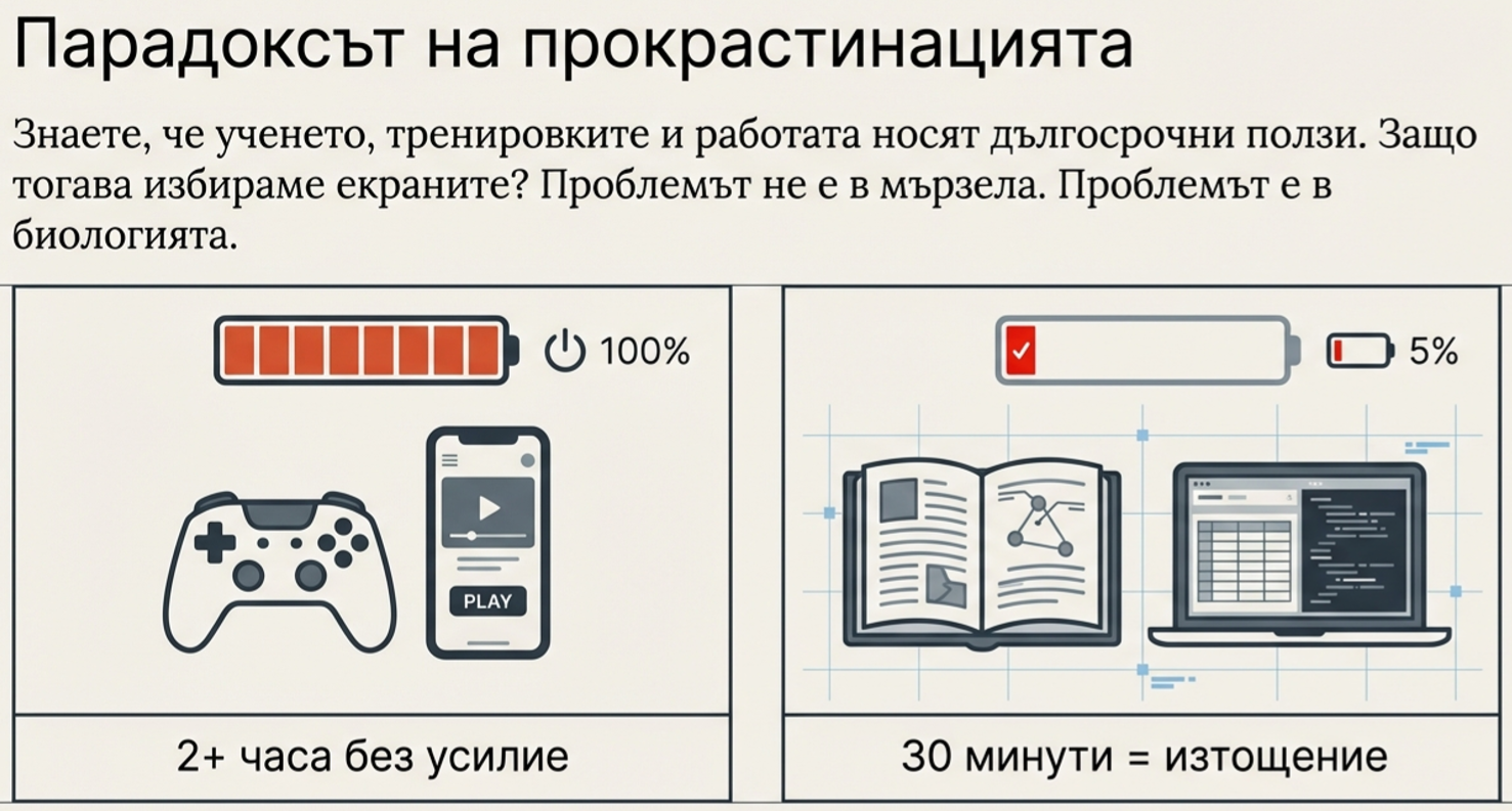 сравнение между човек, който лесно прекарва часове с игри и телефон при пълна енергия, и човек, който се чувства изтощен след кратко учене или работа на лаптоп.