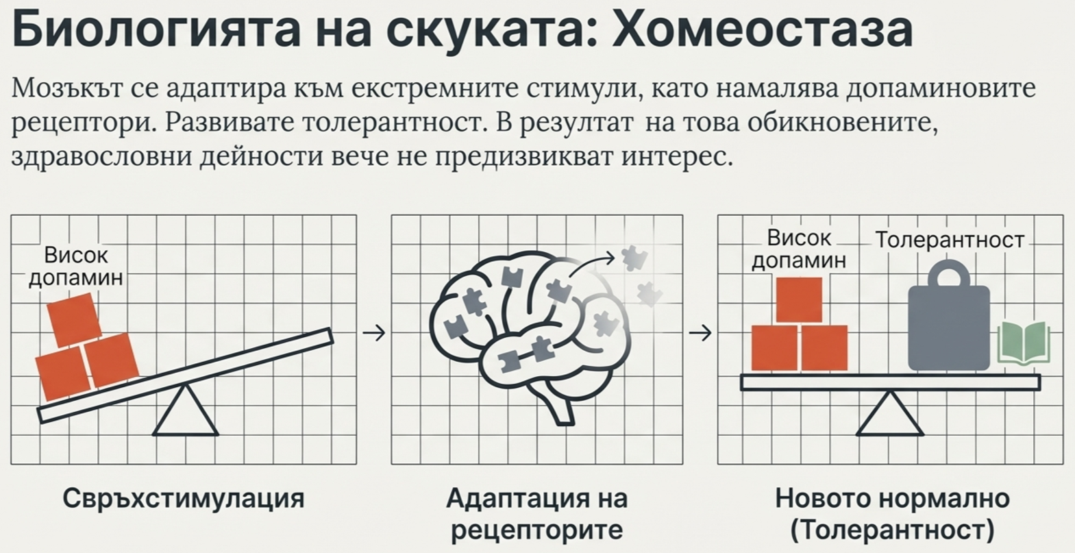 диаграма в три части, показваща как високият допамин и свръхстимулацията водят до адаптация на мозъка, толерантност и ново по-високо нормално ниво на стимулация.