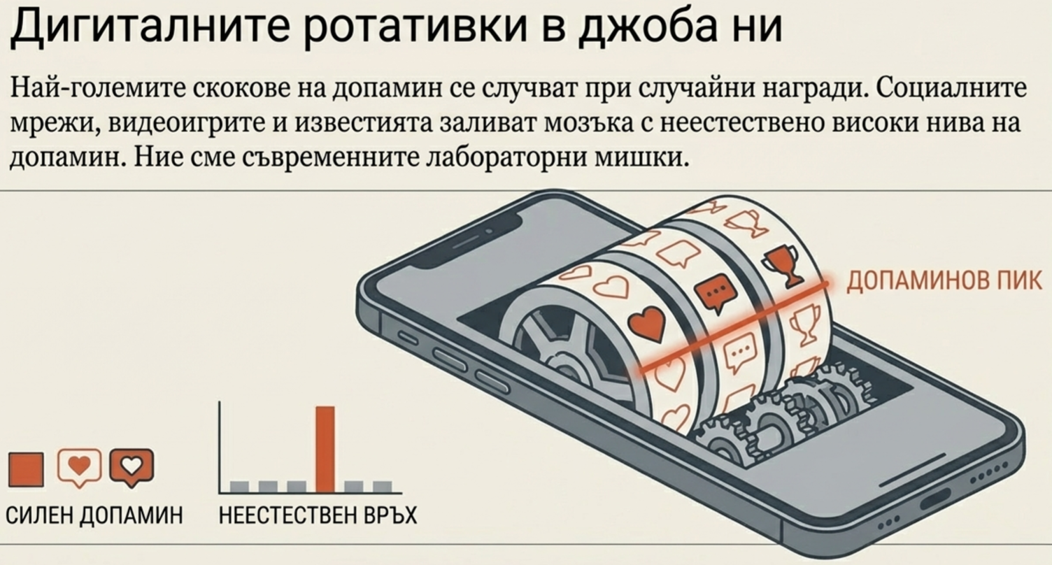 смартфон, от който излиза механизъм като слот машина с икони за лайкове, известия, съобщения и социални мрежи, символизиращ допаминов пик.