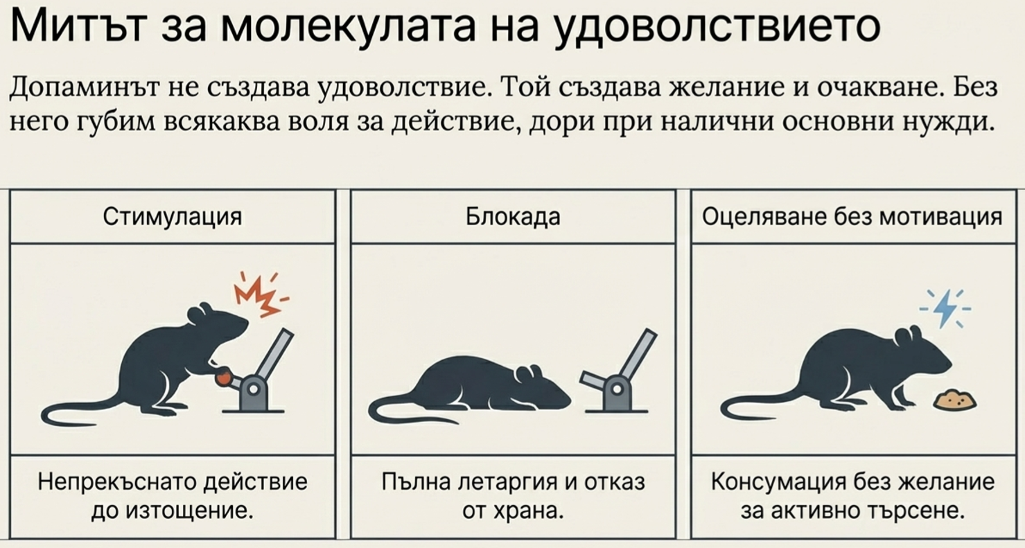 три илюстрации с лабораторни мишки, показващи допаминова стимулация, блокирана мотивация и способност за оцеляване без активно търсене на награда.