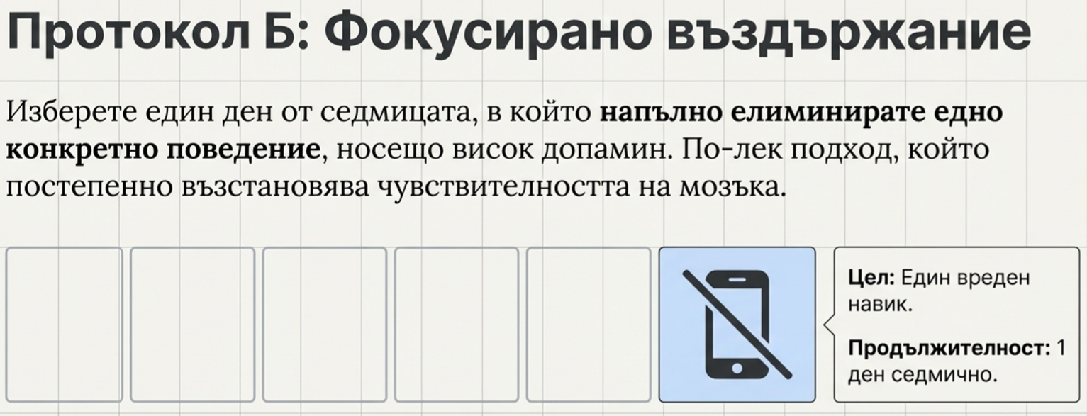 серия от карти, символизиращи избор на един конкретен вреден навик за ограничаване един ден седмично, с икона на забранен смартфон.
