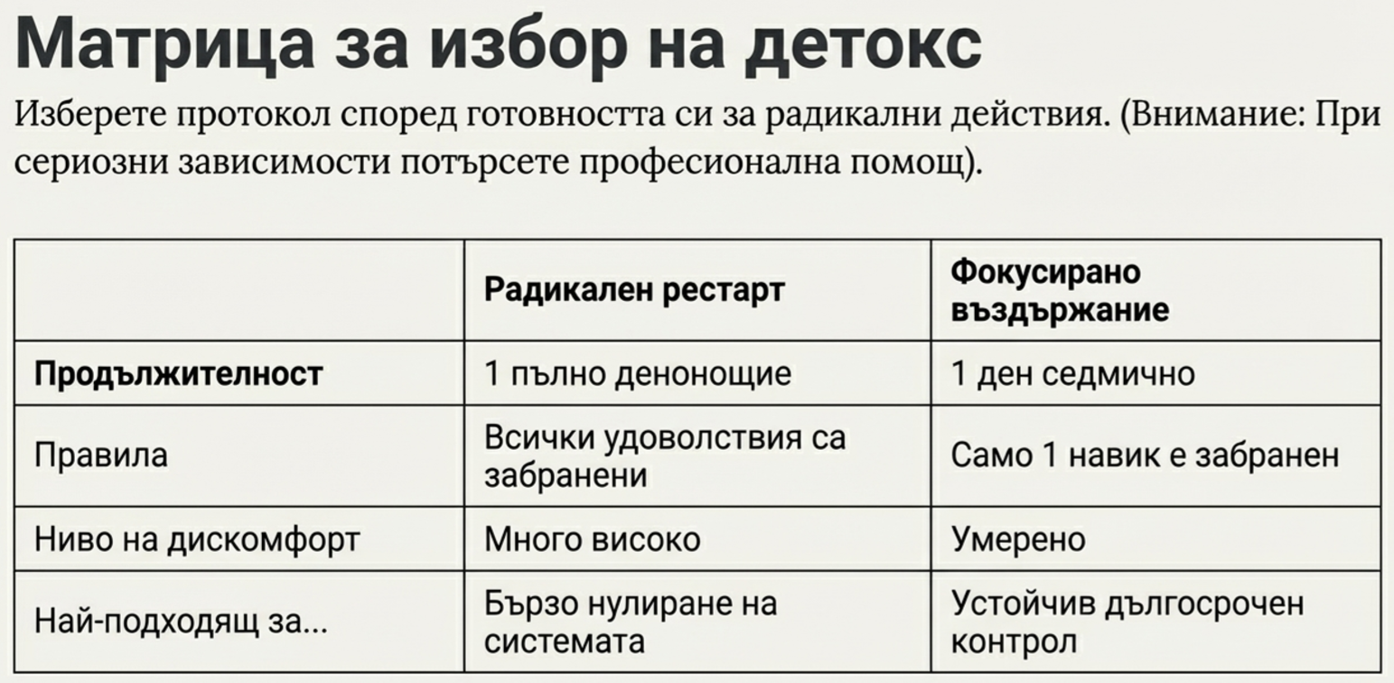 сравнителна таблица между радикален рестарт и фокусирано въздържание според продължителност, правила, ниво на дискомфорт и дългосрочна устойчивост.