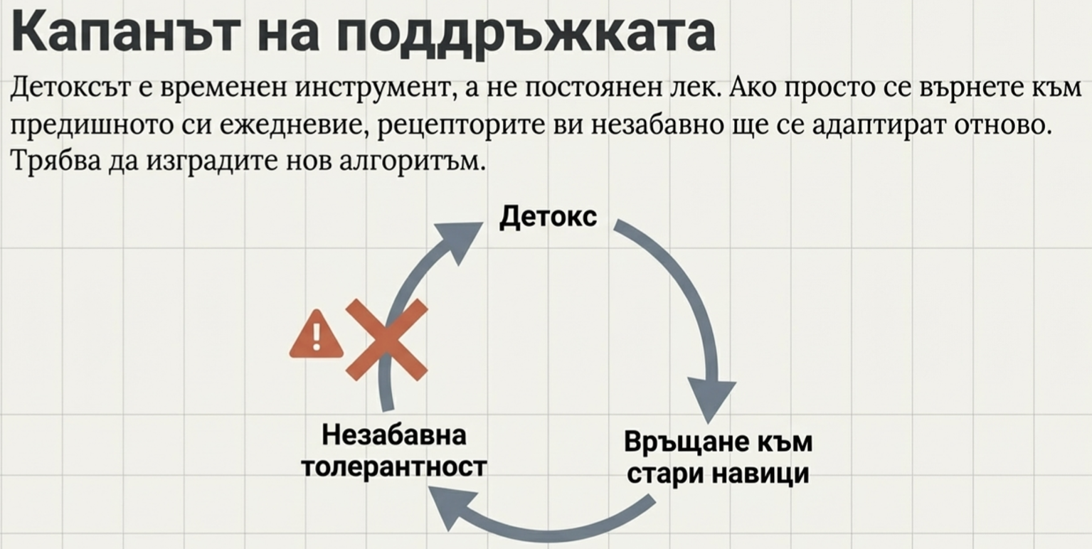 кръгова схема, показваща как кратък дигитален детокс може да бъде последван от връщане към старите навици и бързо възстановяване на толерантността към стимулация.