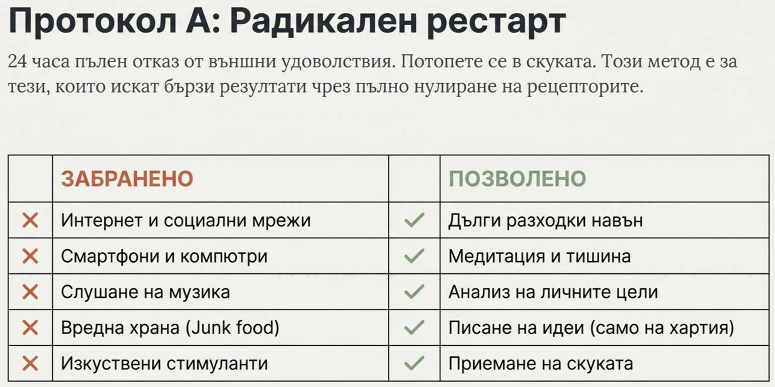 таблица с временно забранени дейности като интернет, социални мрежи, смартфони, музика и junk food, срещу позволени дейности като разходки, медитация, писане и приемане на скуката.