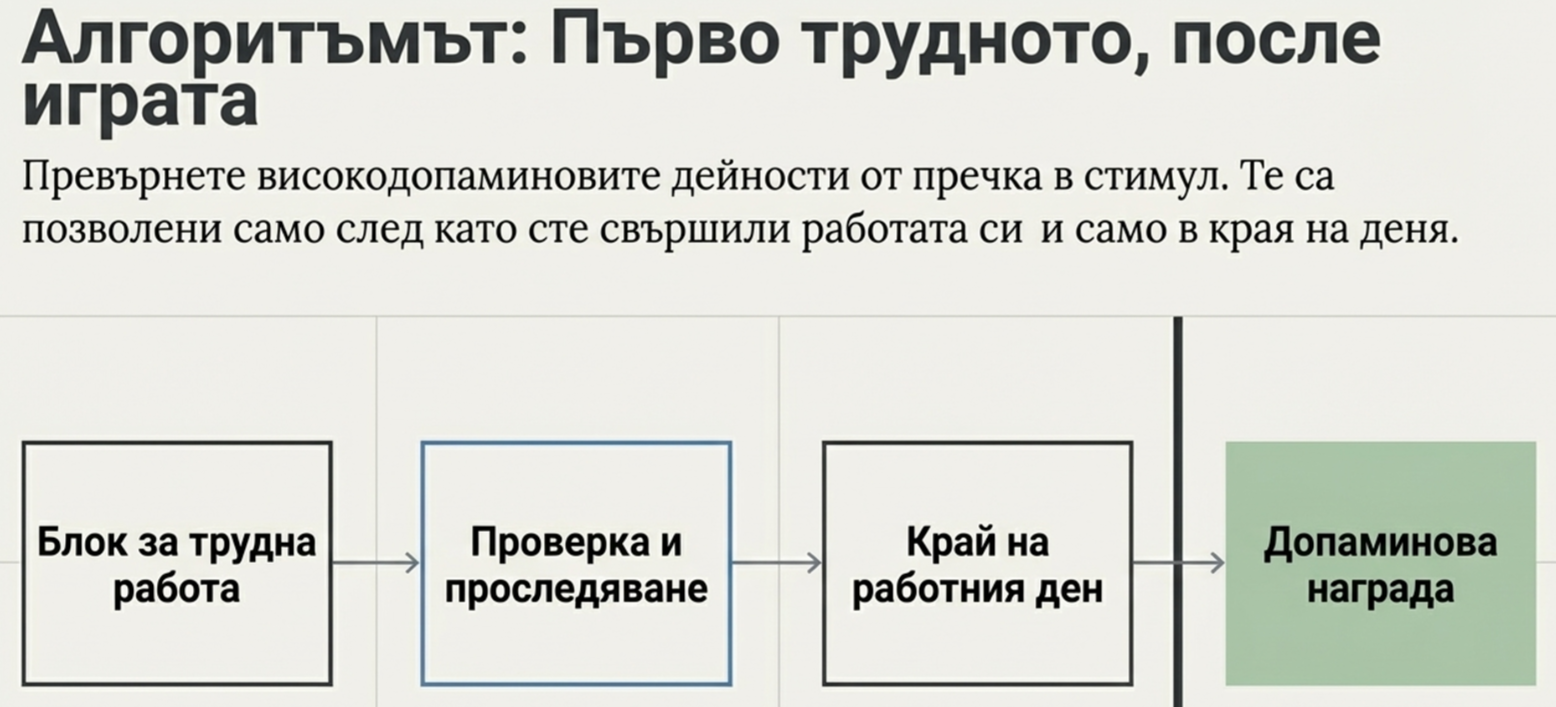 последователност от четири стъпки: блок за трудна работа, проверка и проследяване, край на работния ден и допаминова награда.