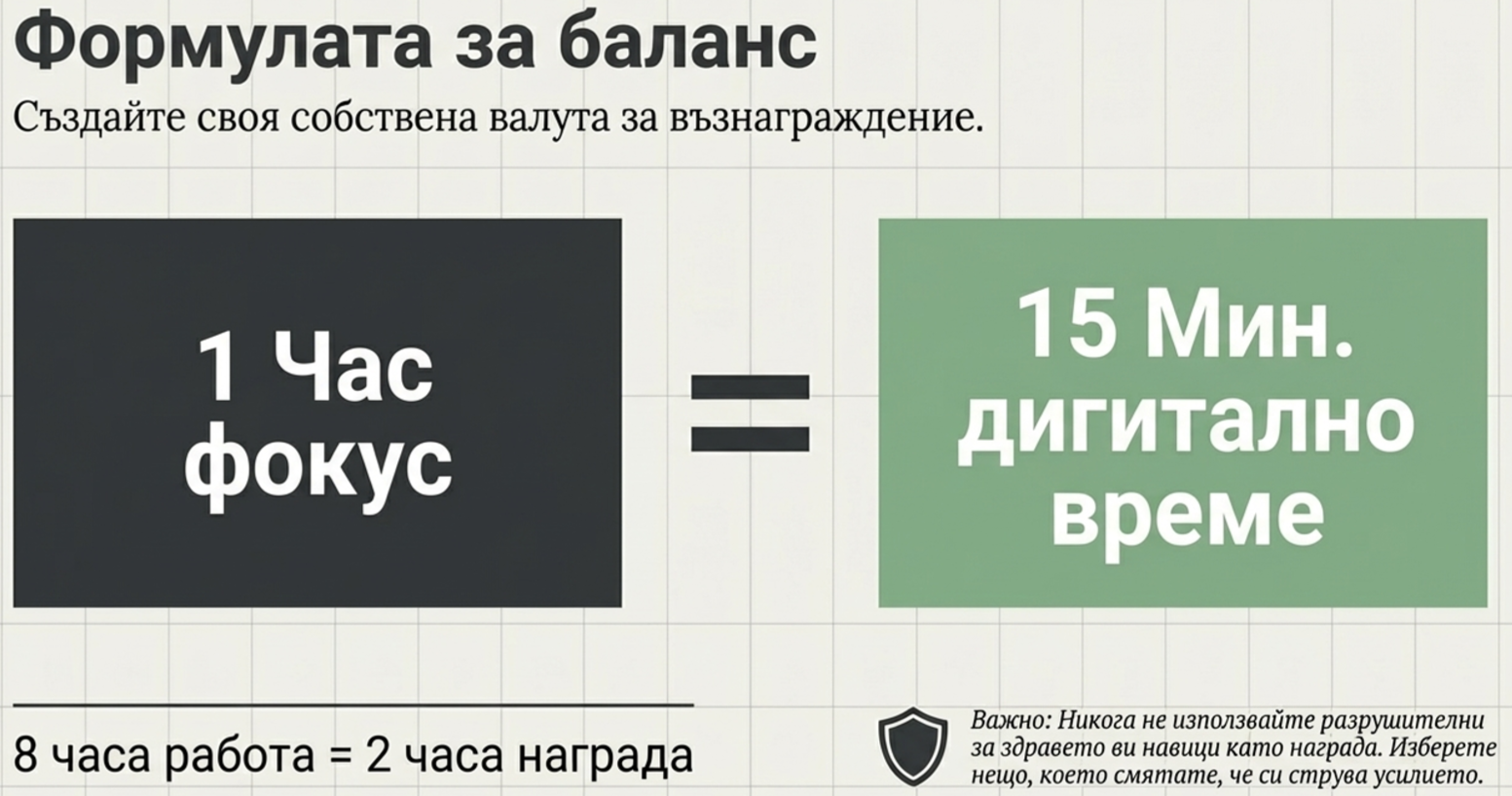 графична формула, която показва как един час фокусирана работа може да бъде последван от 15 минути дигитално време като избрана награда.