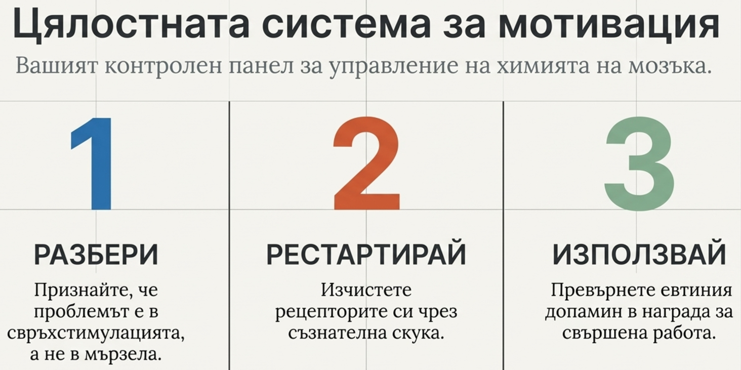 тристепенна система: разбери проблема със свръхстимулацията, рестартирай чрез съзнателна скука и използвай наградите след завършена работа.