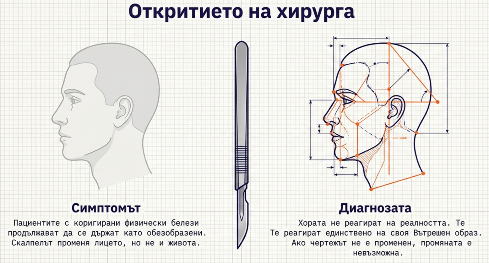 Инфографика с профил на човешка глава, хирургически скалпел и техническа схема на лице, показваща, че външната физическа промяна не променя автоматично вътрешния себеобраз.