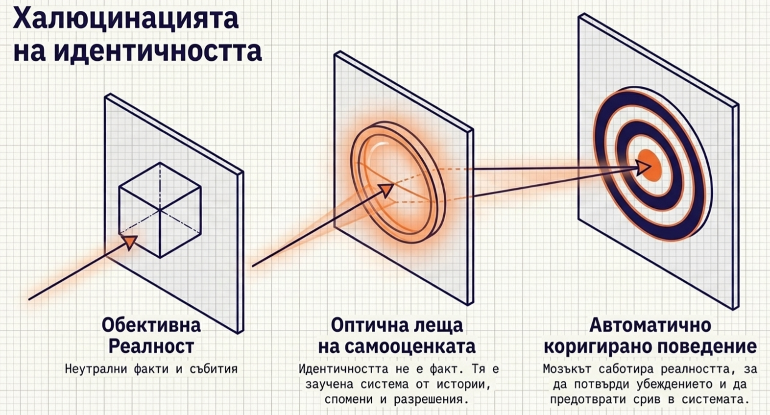 Диаграма с обективна реалност, оптична леща на самооценката и мишена, която показва как вътрешният себеобраз филтрира фактите и насочва автоматичното поведение.