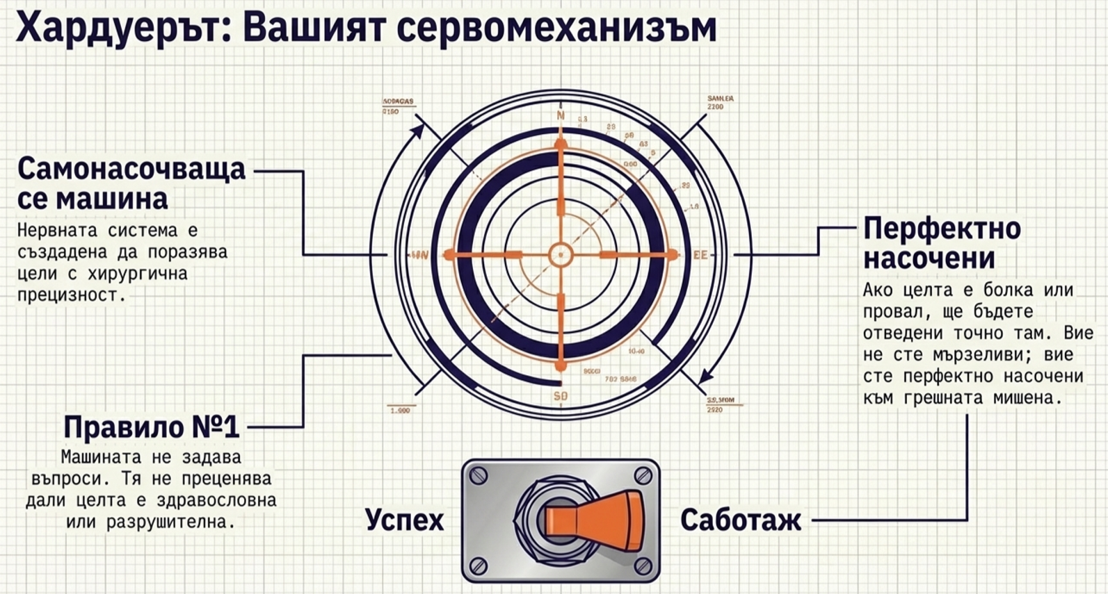 Инфографика с кръгла мишена и механизъм за насочване, илюстриращ как нервната система следва зададени вътрешни цели и може да насочва към успех или самосаботаж.