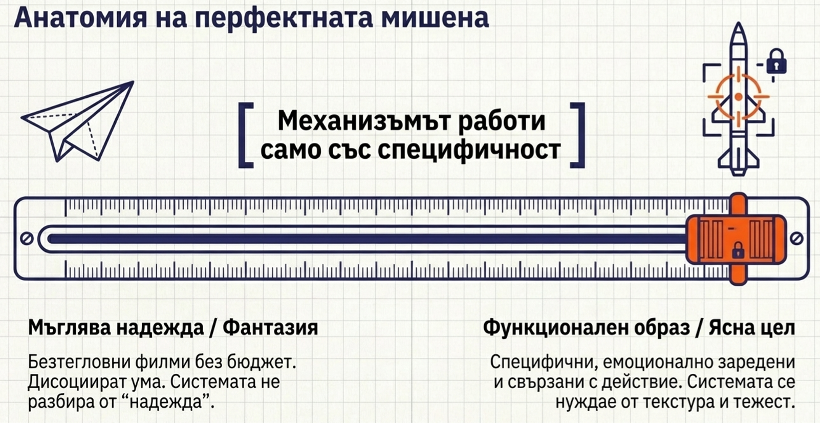 Инфографика с плъзгач между мъглива надежда и ясно формулирана цел, показваща защо конкретните действия дават посока на вътрешната система.