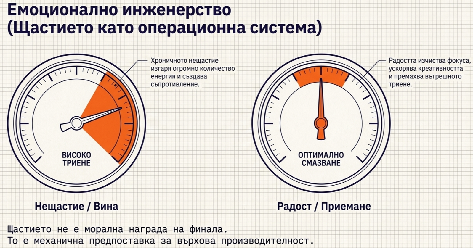 Два измервателни уреда, сравняващи високо вътрешно триене от нещастие и вина с оптимално състояние на радост, приемане и по-добър фокус.