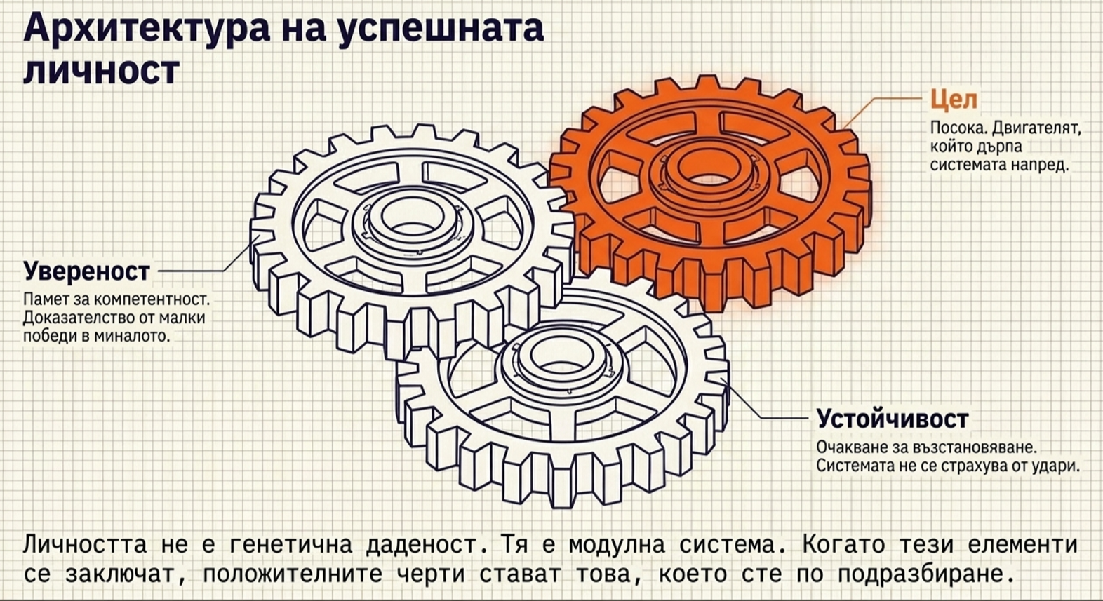 Три свързани механични зъбни колела, символизиращи увереност, ясна цел и устойчивост като основни елементи на стабилния себеобраз.