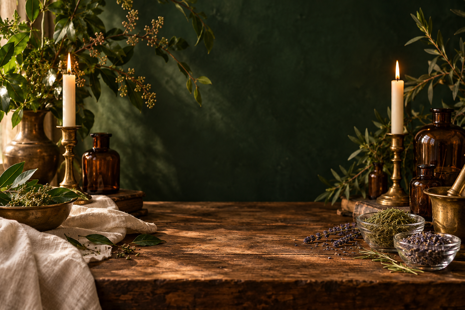 A warm candlelit arrangement of roots, herbs, and botanical ingredients