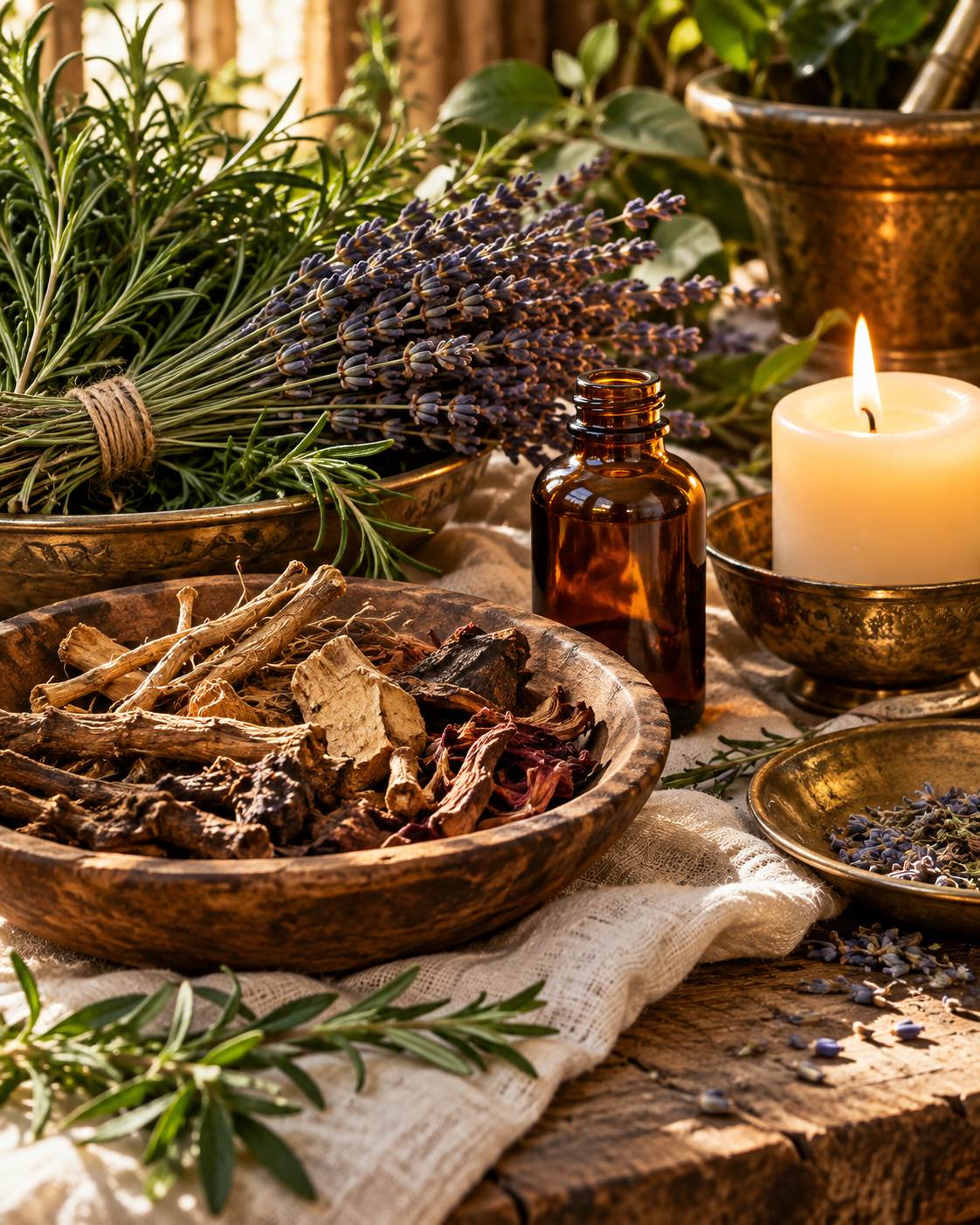 Herbs, roots, and a glowing candle