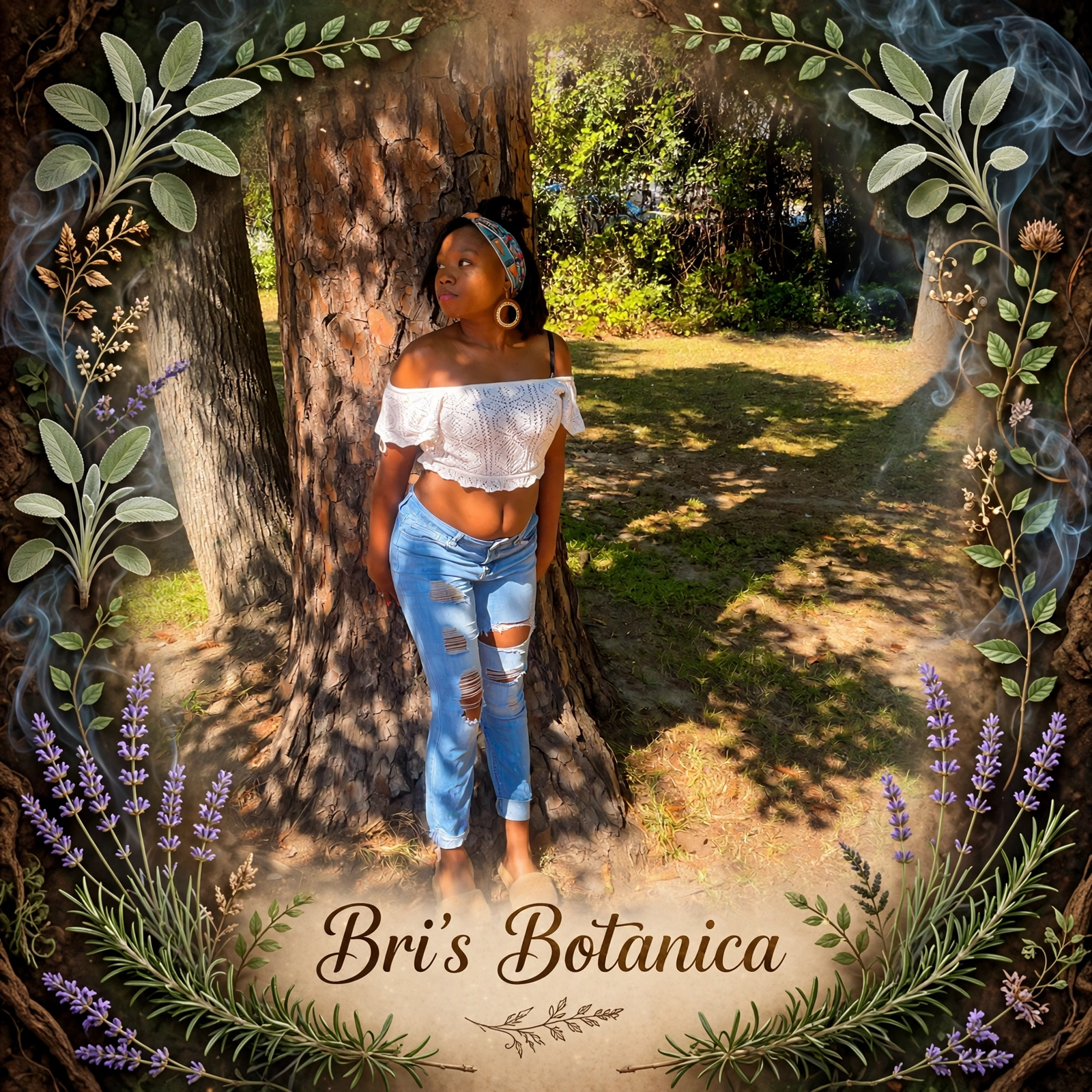 Bri beside a tree, surrounded by botanical artwork