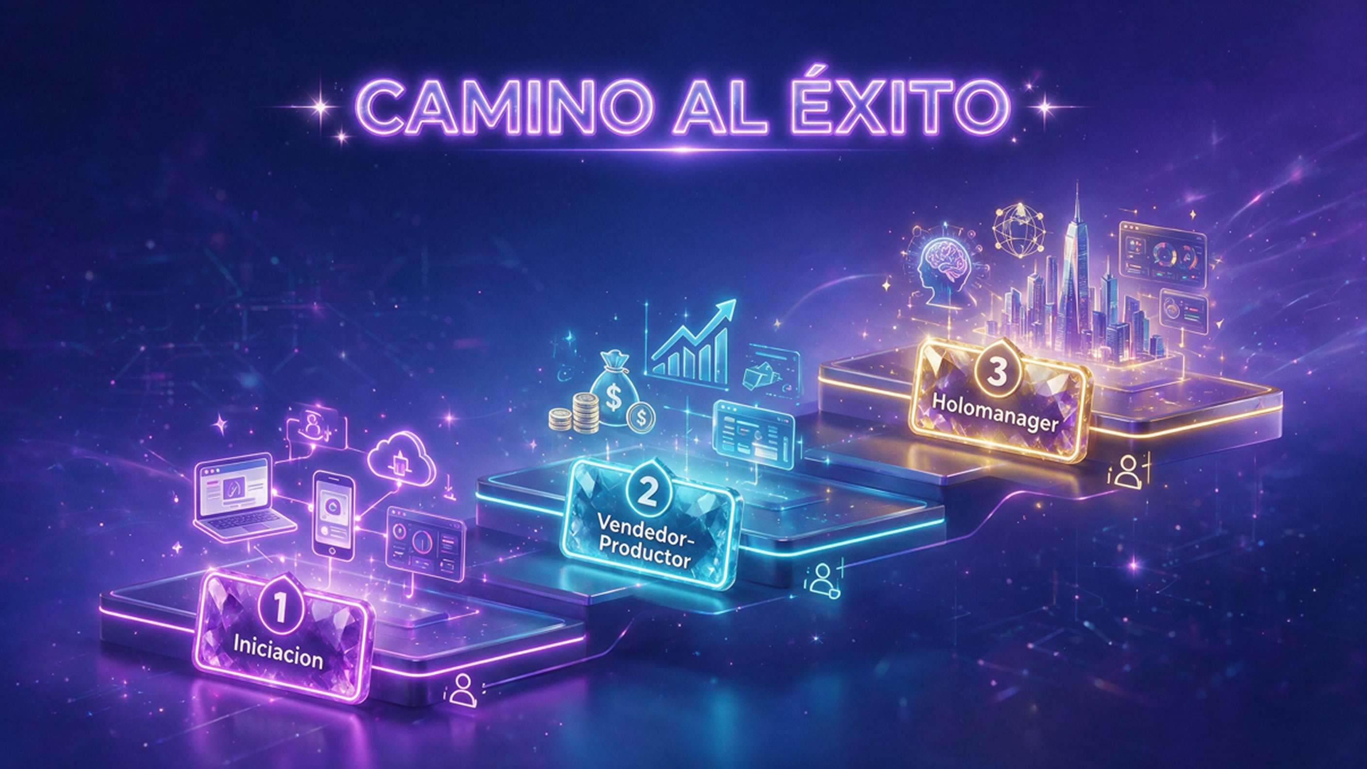 Camino de 3 niveles hacia el exito digital: Iniciacion, Vendedor-Productor, Holomanager