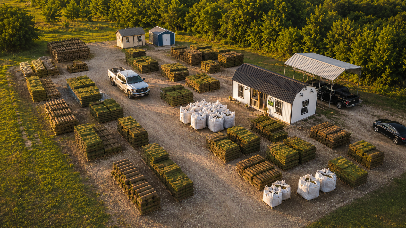 Aerial view of The Sod House yard in Princeton, Texas, with rows of sod pallets around the shop