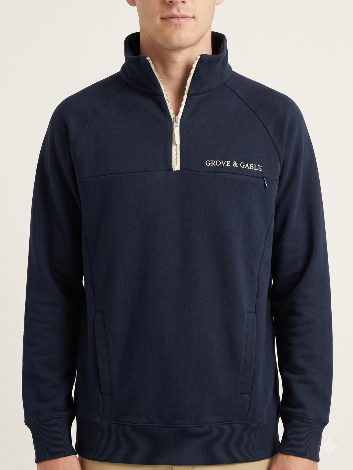 The Colour Block Sweat — front view on the male model, Grove & Gable