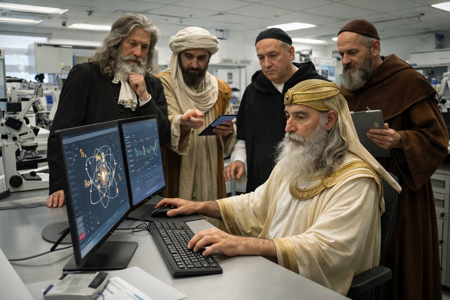 Jabir ibn Hayyan, Alberto Magno, Ruggero Bacone, Isaac Newton, Ermete Trismegisto vestiti con il loro abbigliamento dell'epoca in un moderno laboratorio chimico.