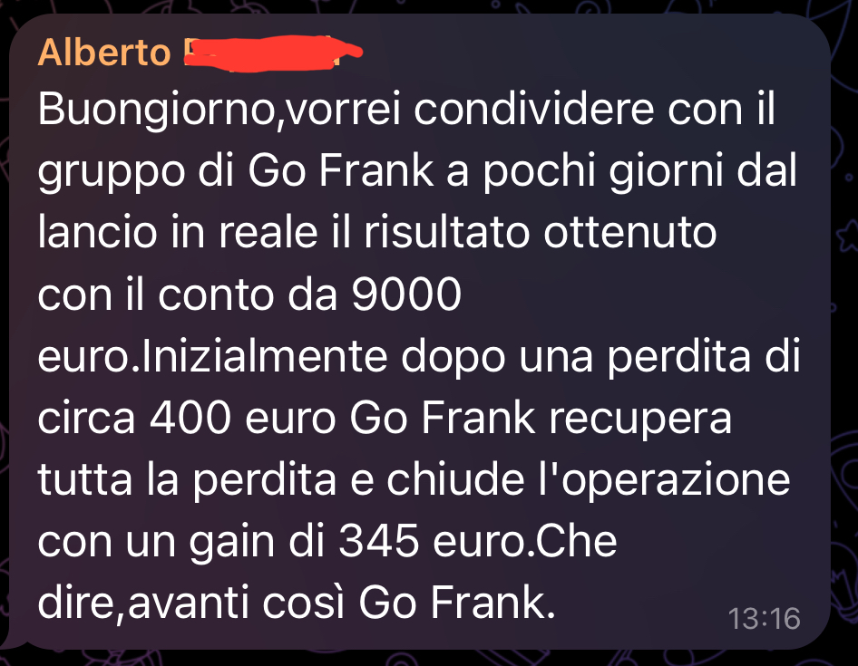 Screenshot profitto GoFrank — utente primo lancio 19