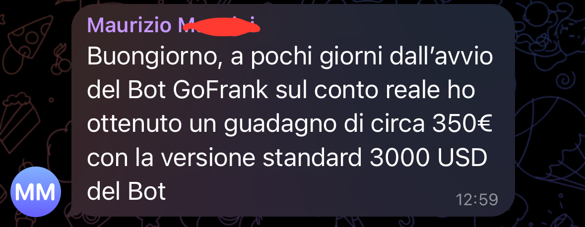 Screenshot profitto GoFrank — utente primo lancio 20
