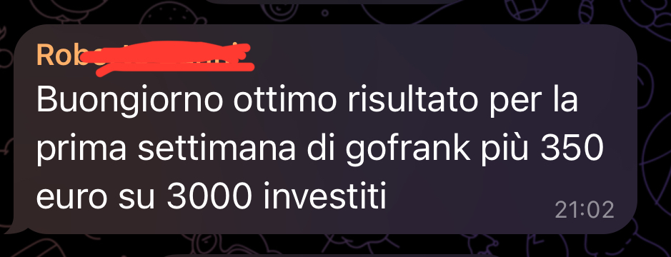 Screenshot profitto GoFrank — utente primo lancio 12