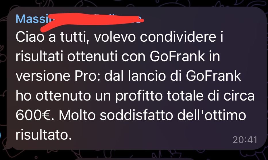 Screenshot profitto GoFrank — utente primo lancio 15