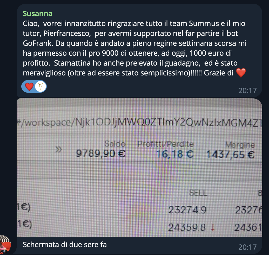 Screenshot profitto GoFrank — utente primo lancio 1