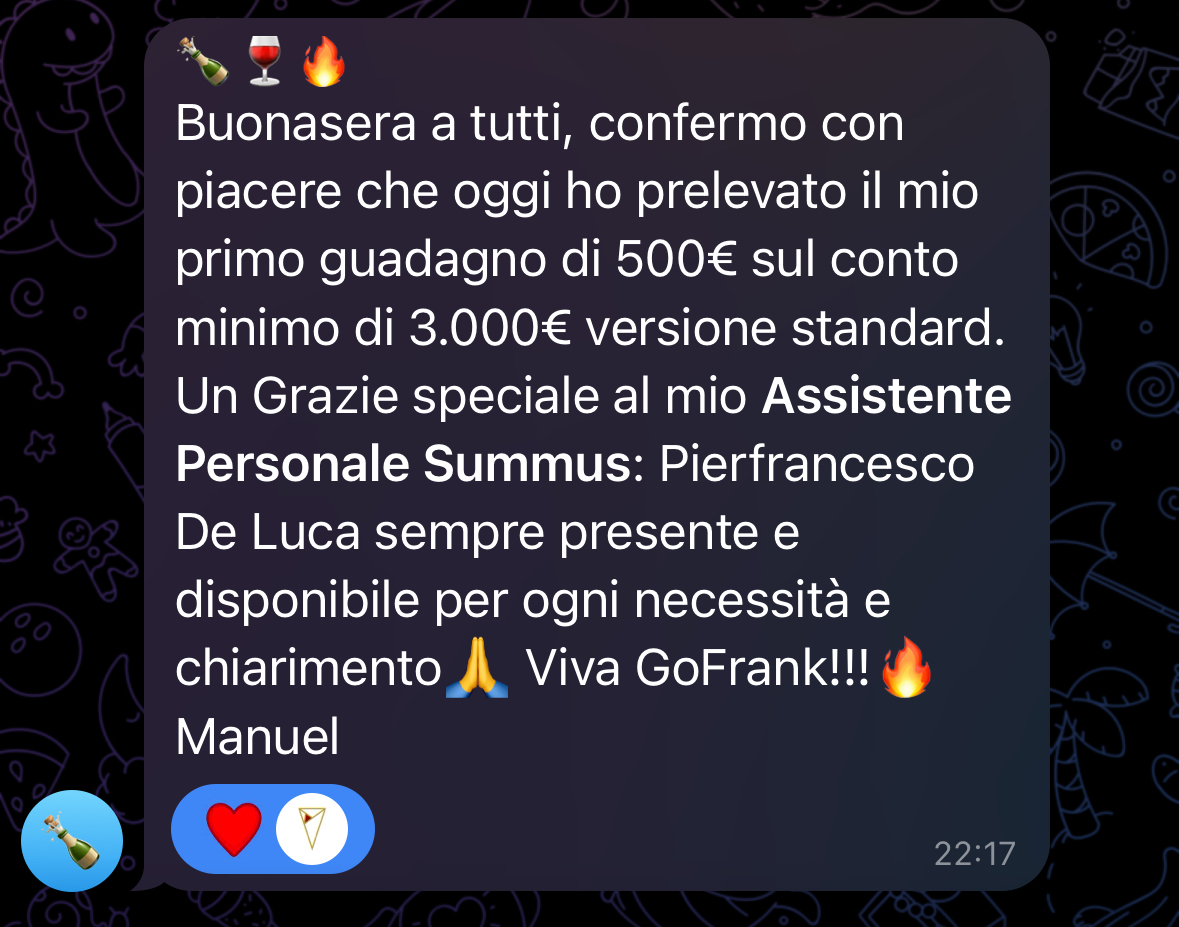 Screenshot profitto GoFrank — utente primo lancio 21
