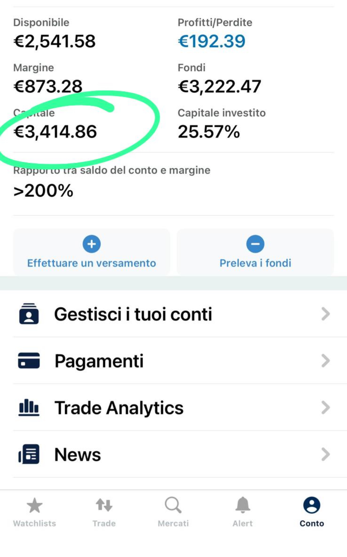 Screenshot profitto GoFrank — utente primo lancio 23