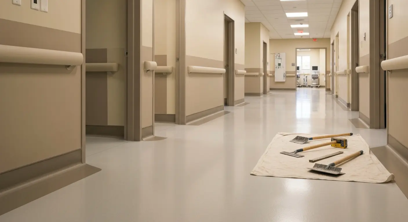 Medical facility flooring installation with seamless, infection-control design