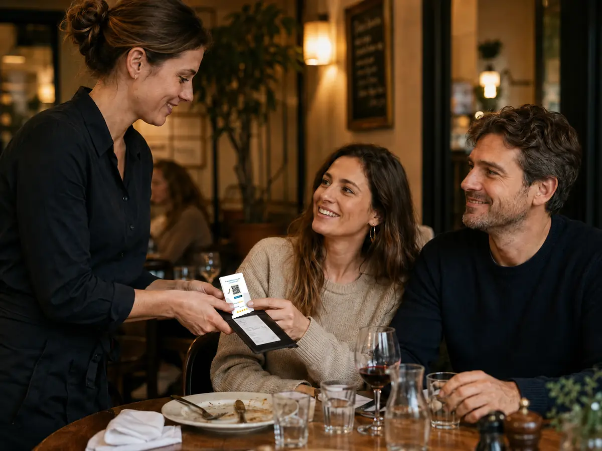 Employée remettant une carte personnalisée UltimeBoost au client