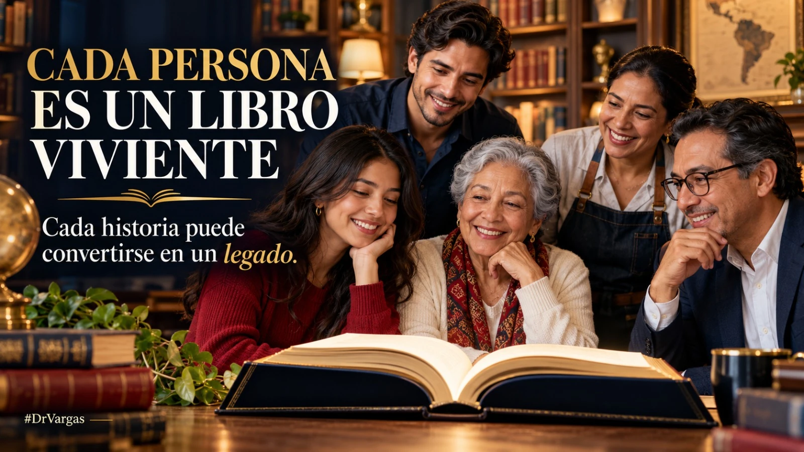 Personas de distintas generaciones compartiendo historias alrededor de un libro